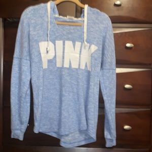 PINK heathered blue lightweight hooded sweatshirt. Size S